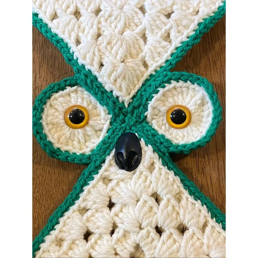 Vintage Crochet Owl Towel Holder Ring Hanging 70s Kitchen Kitsch Retro